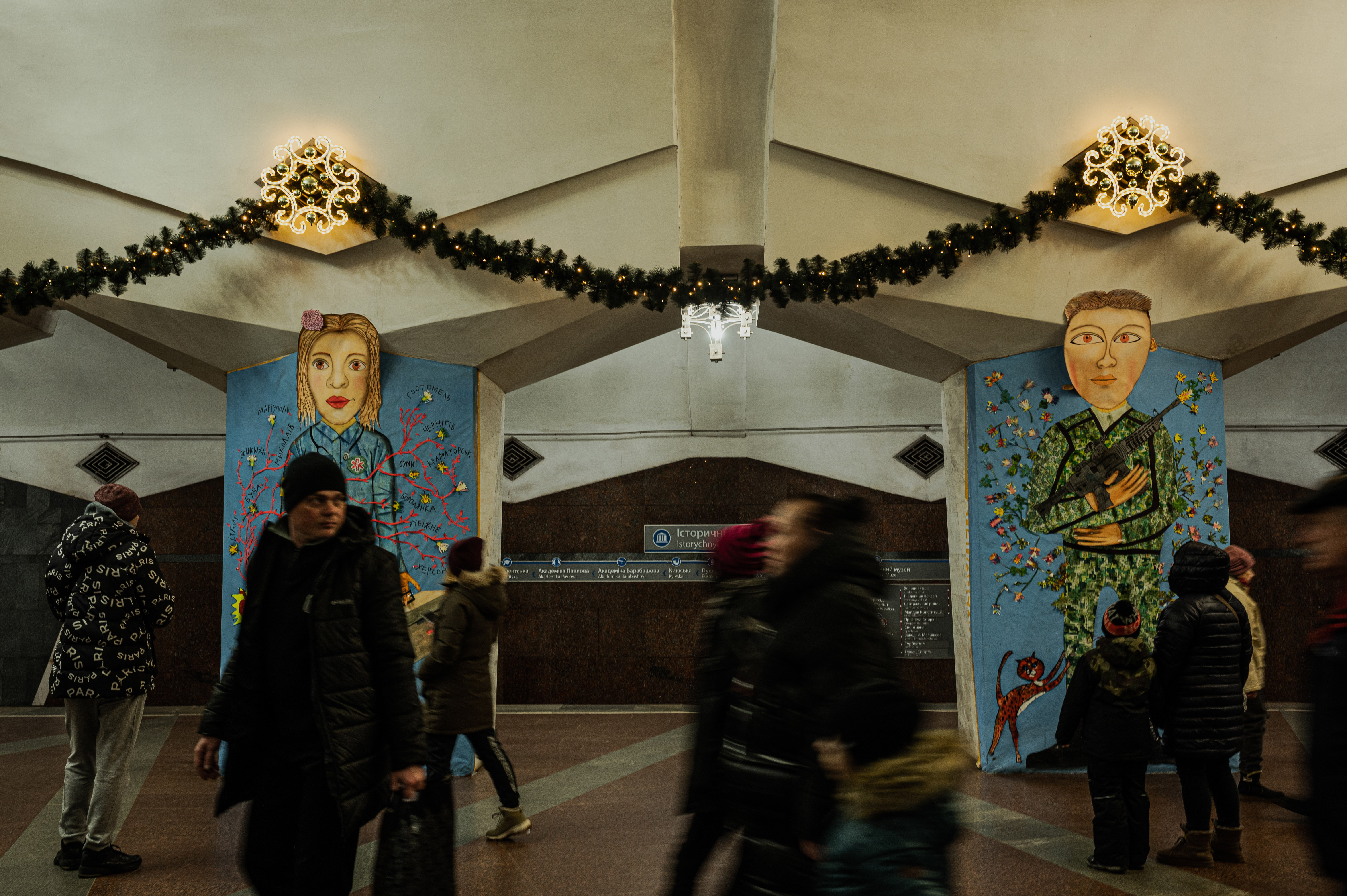 An exhibition at Kharkiv’s Independence metro station, created by art school students during the first year of the invasion while sheltering underground from Russian missile attacks. ©Denis Vėjas