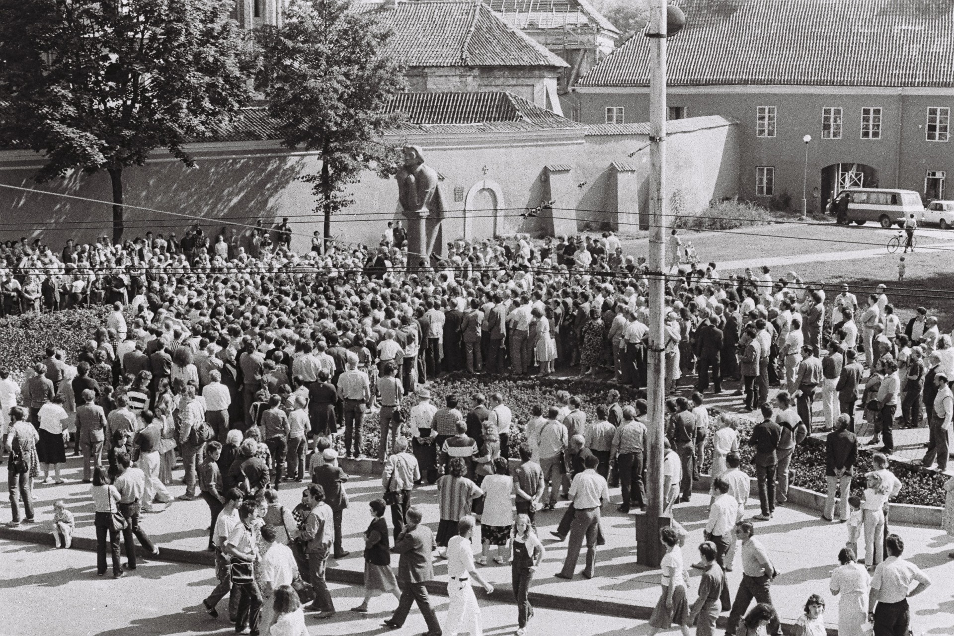 Adam Mickiewicz rally was held on the anniversary of the Molotov-Ribbentrop pact. It was a peaceful protest with speeches and songs. The Lithuanian national TV, controlled by the Soviet authorities, created a propaganda film about the event portraying the organisers as criminals who don’t have people’s support on their side. ©Povilas Obuchovičius Adam Mickiewicz rally was held on the anniversary of the Molotov-Ribbentrop pact. It was a peaceful protest with speeches and songs. The Lithuanian national TV, controlled by the Soviet authorities, created a propaganda film about the event portraying the organisers as criminals who don’t have people’s support on their side. ©Povilas Obuchovičius