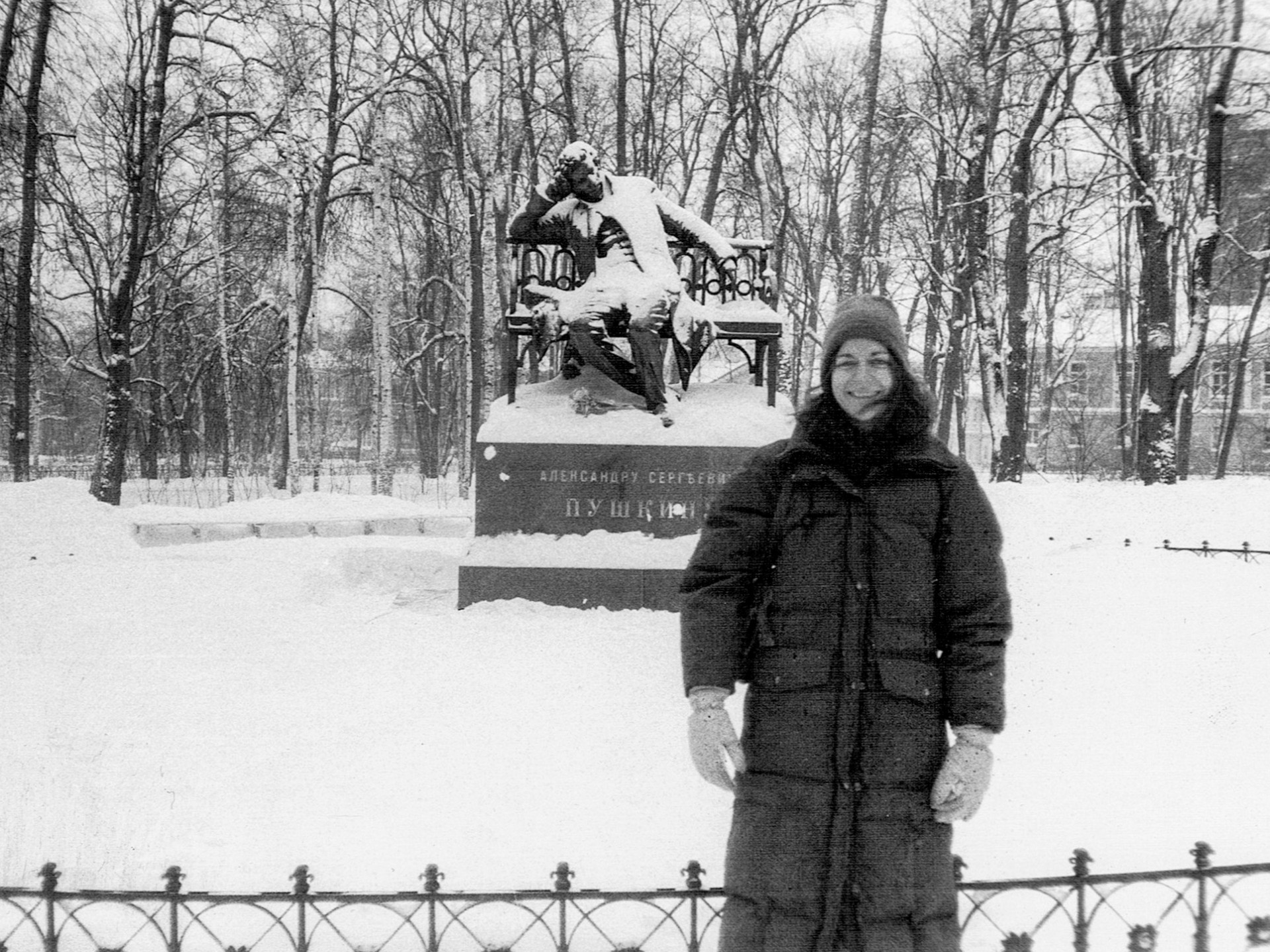 Ann Cooper in Leningrad, in front of Pushkin statue, 1987.