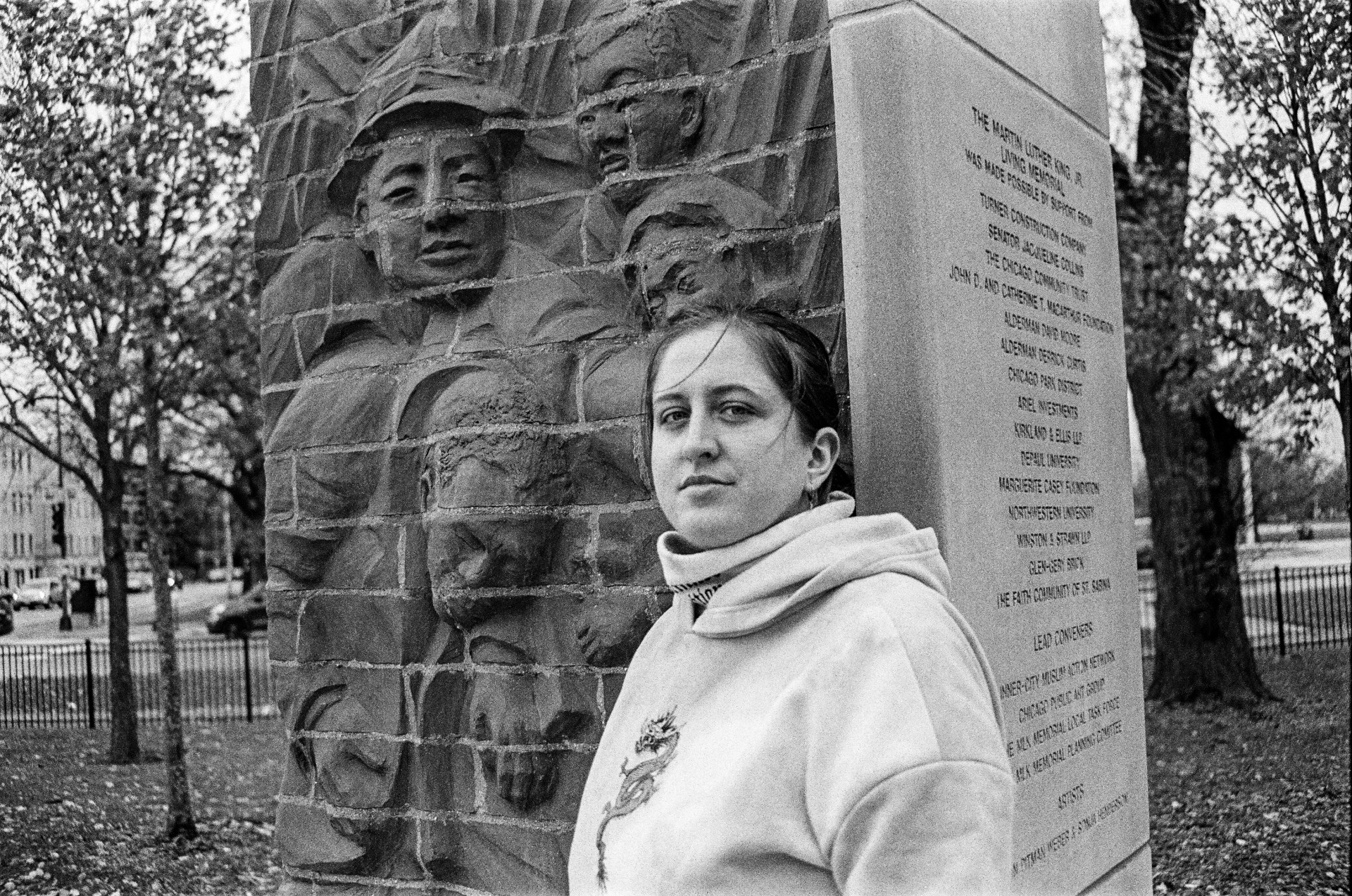Eglė near the Dr. Martin Luther King, Jr. Memorial in Marquette Park. In 1966 King led the march for fair housing. People from the neighborhood community, largely Lithuanian, Polish, German, and Italian, threw stones and bottles to mostly Black marchers.