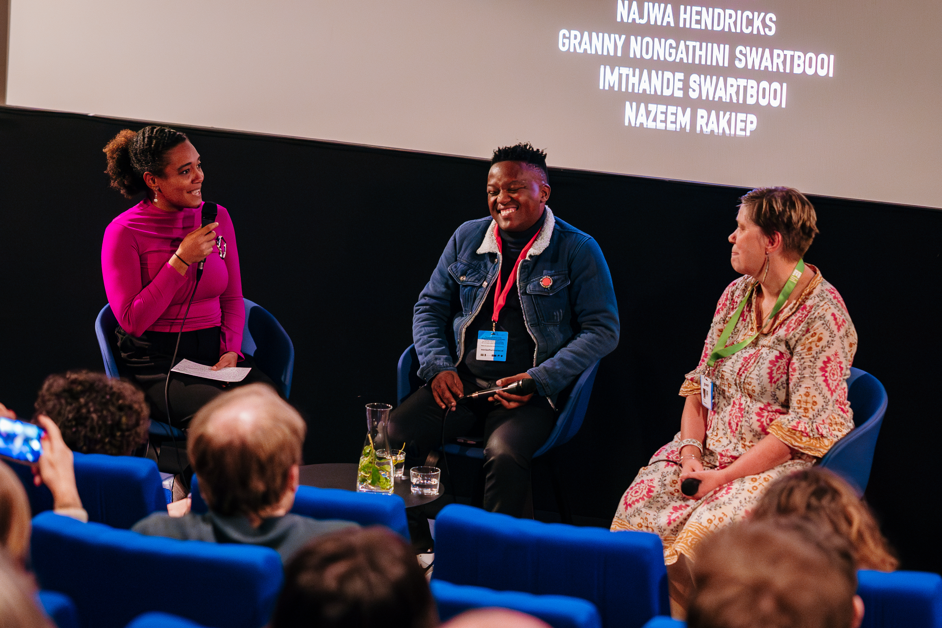 Housing activist Nkosikhona Swartbooi (middle) and director Miki Redelinghuys (right) attending Mother City film Q&A at the Movies that Matter festival in the Hague. ©Jassir Jonis