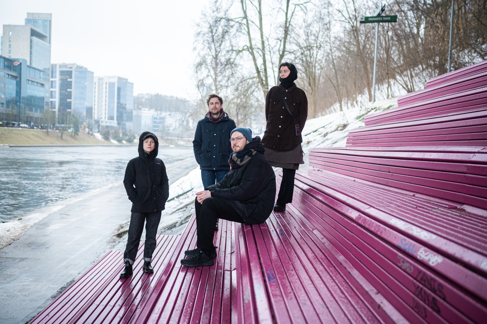 From the left: Samantha Lippett, Karolis Vyšniauskas, Pavel Kirpikau and Ira Hoisa in Vilnius, February 2024. ©Denis Vėjas
