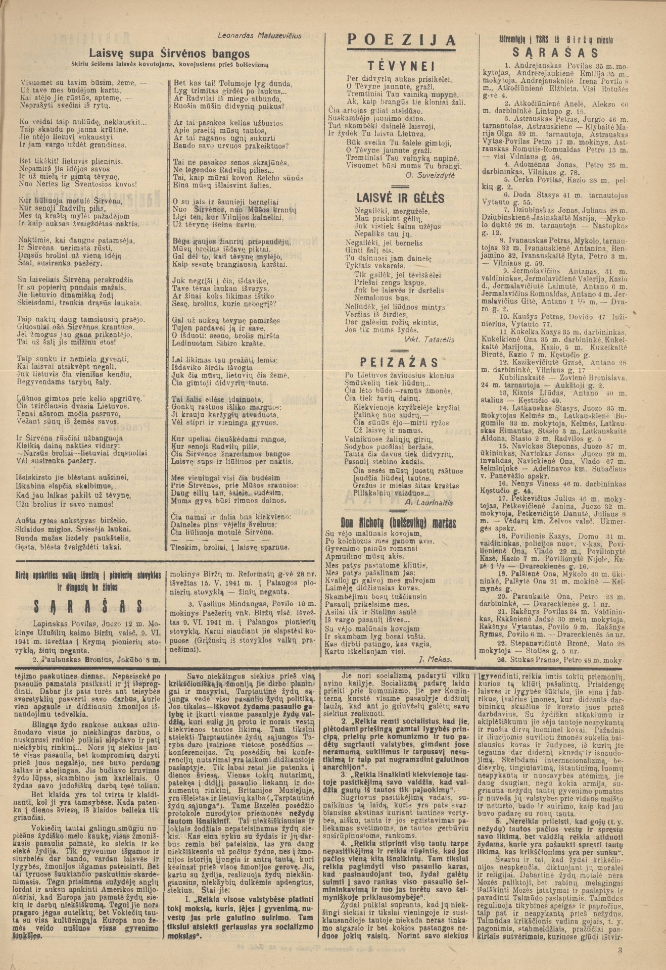 Mekas's anti-Bolshevik poem at “Naujosios Biržų žinios”, September 6, 1941. It is published next to the article “The Jews—Humanity’s Misfortune” (continuing from an earlier page.)