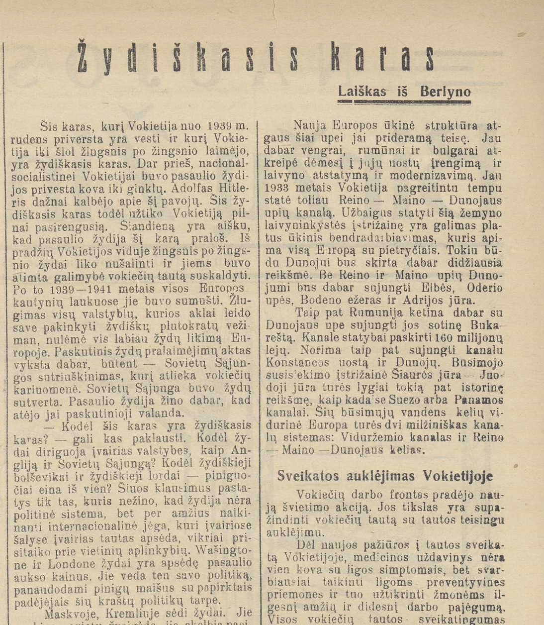 “The Jewish War”, an antisemitic article in “Naujosios Biržų žinios” newspaper, published in June 1941.