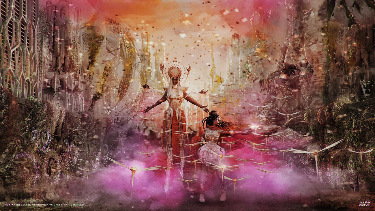 Protopia Dreams: The Parade, Barcelona 2043. Art by Mario Mimoso. World concept by Monika Bielskyte. Protopia Futures production.