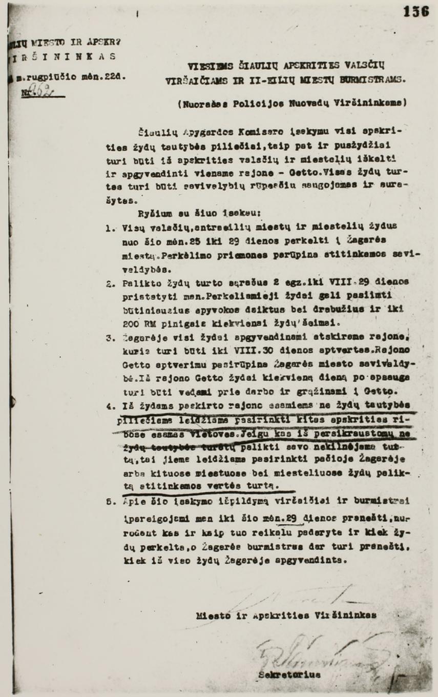 The document ordering to bring Lithuanian Jews to a ghetto in Žagarė. Signed by Jonas Noreika, August 22, 1941. ©Lithuanian Central State Archive