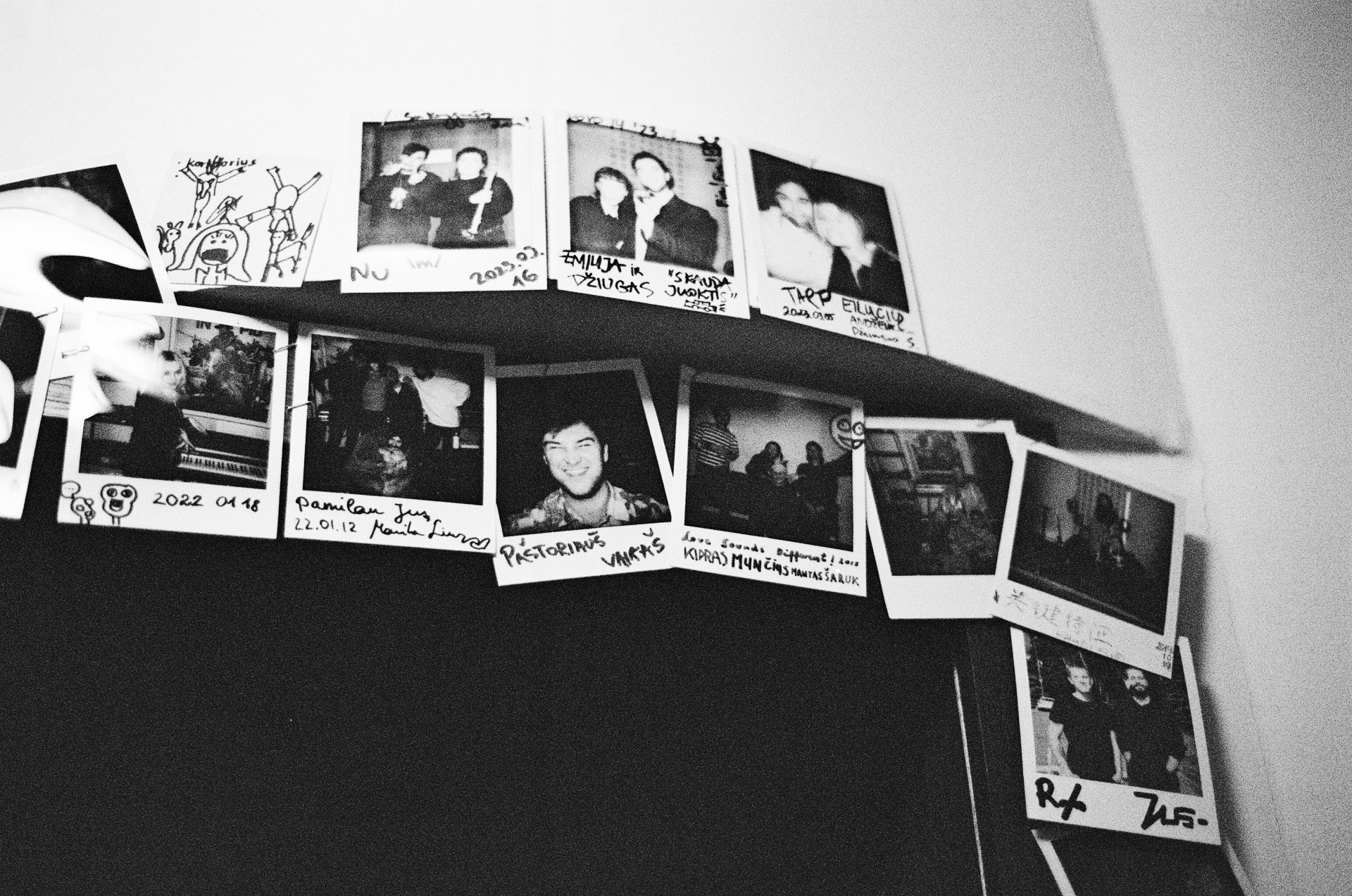 Polaroid pictures of Monika Liu, Džiugas Širvys, Vaida Deksnytė, Freaks on Floor, eiedma, Angelou, Emilija Karosaitė and other artists who worked in the YMIR Audio studio. ©Justė Urbonavičiūtė