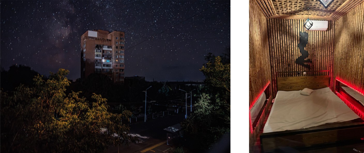 In the photo on the left – Kramatorsk at night, which is constantly shelled by Russian forces. ©Denis Vėjas
On the right – Liza’s work room in the salon. ©Anonymous