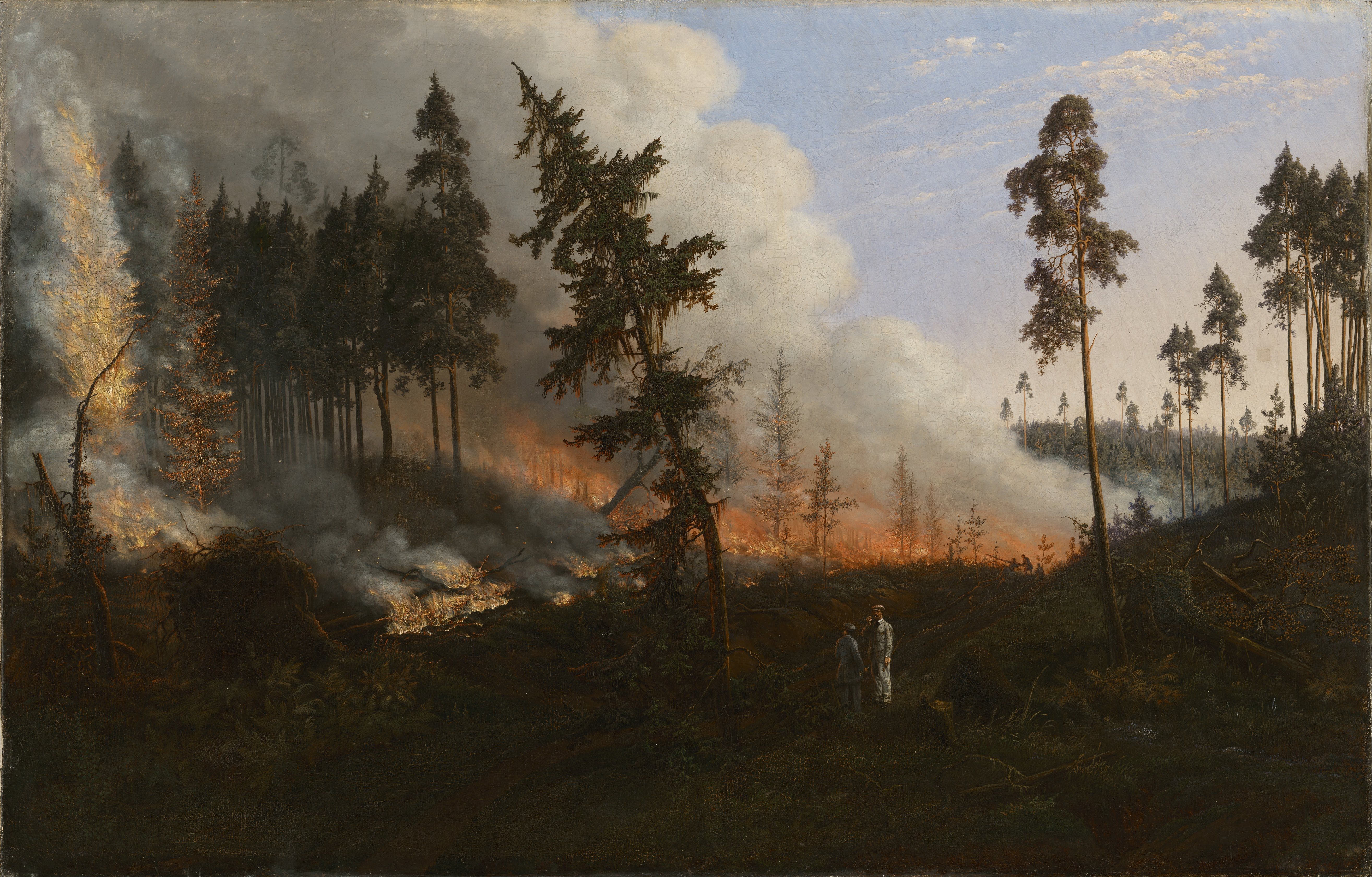 “Forest Fire” (original title “Miško gaisras”), 1860, by Vincentas Dmachauskas. The painting depicts a practice used in Europe at the time: extinguishing fire with fire. While not the same as cultural or prescribed burning, it rests on the same idea – that a small blaze can be used to stop a much bigger one. The counter-fire cleared away the fuel that would have fed the approaching forest fire. “Forest Fire” (original title “Miško gaisras”), 1860, by Vincentas Dmachauskas. The painting depicts a practice used in Europe at the time: extinguishing fire with fire. While not the same as cultural or prescribed burning, it rests on the same idea – that a small blaze can be used to stop a much bigger one. The counter-fire cleared away the fuel that would have fed the approaching forest fire.