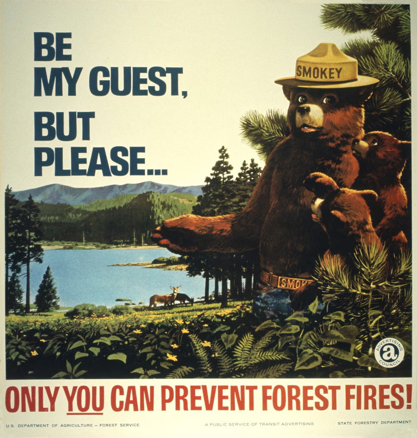 Smokey Bear, the face of the U.S. Forest Service’s long-running campaign since 1944 that popularized fire prevention across the U.S. ©U.S. Forest Service and the Ad Council