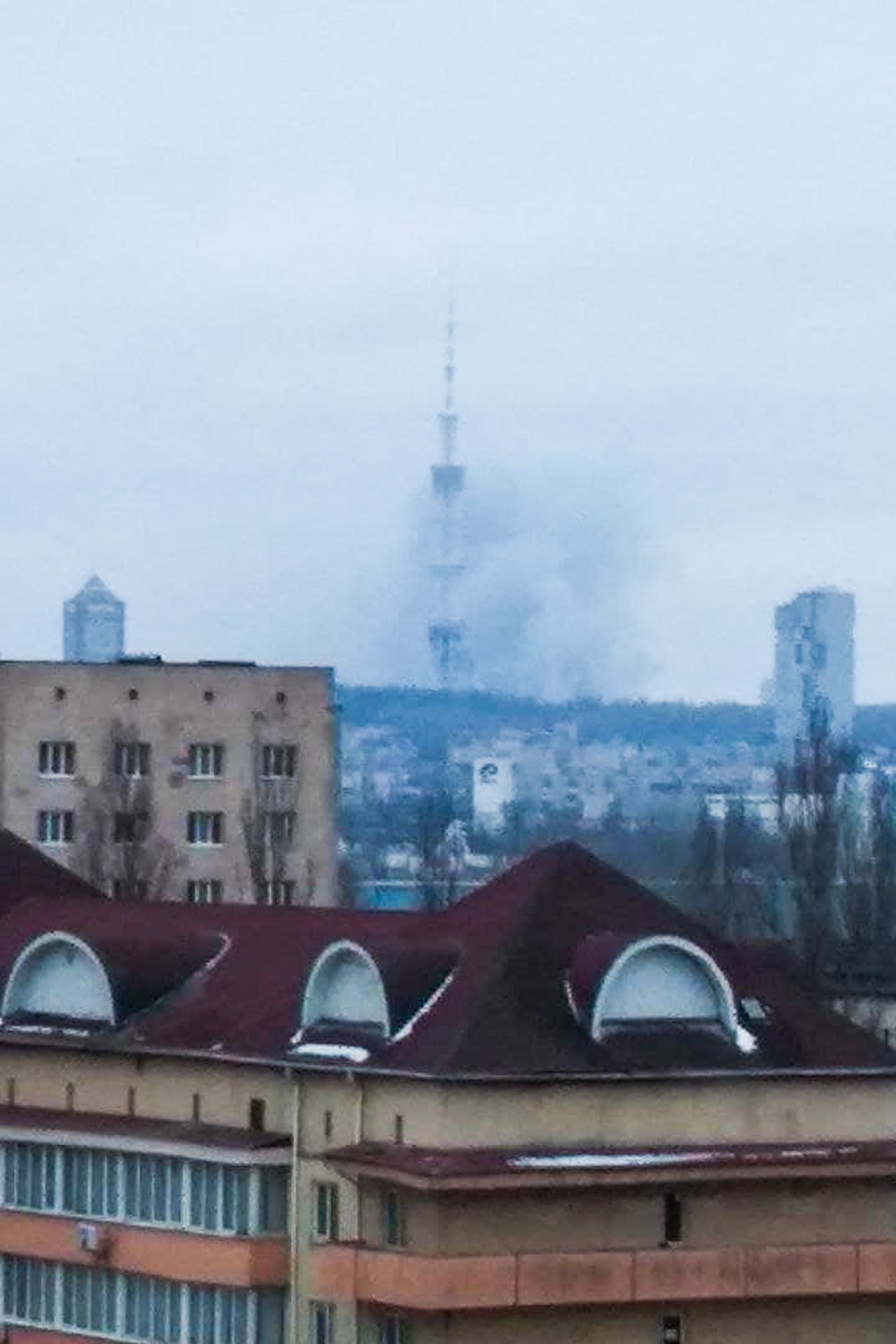 A view through Kyrylo's window when Russia attacked Kyiv TV Tower on March 1.