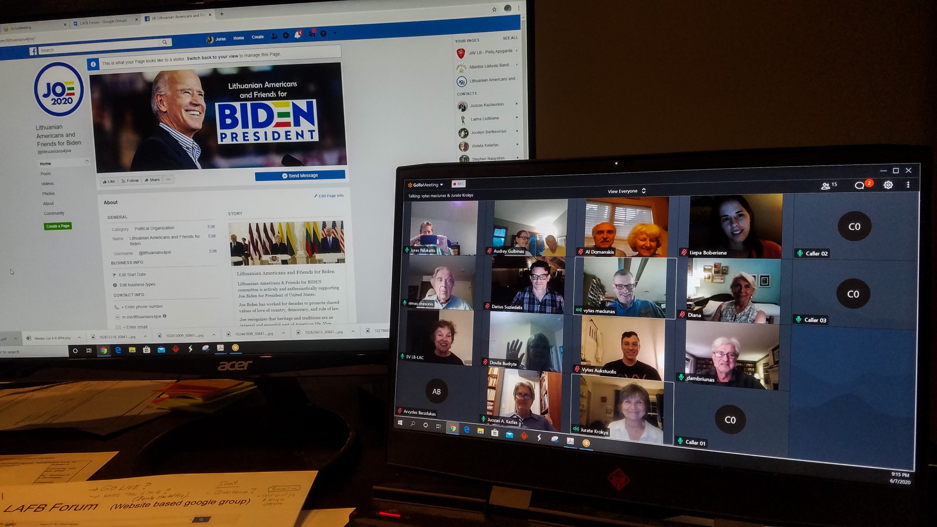 Darius Sužiedėlis yra vienas iš judėjimo „Lithuanian Americans and Friends for Biden“ narių. Vienas pirmųjų šio judėjimo nuotolinių posėdžių, 2020-ųjų gegužė.