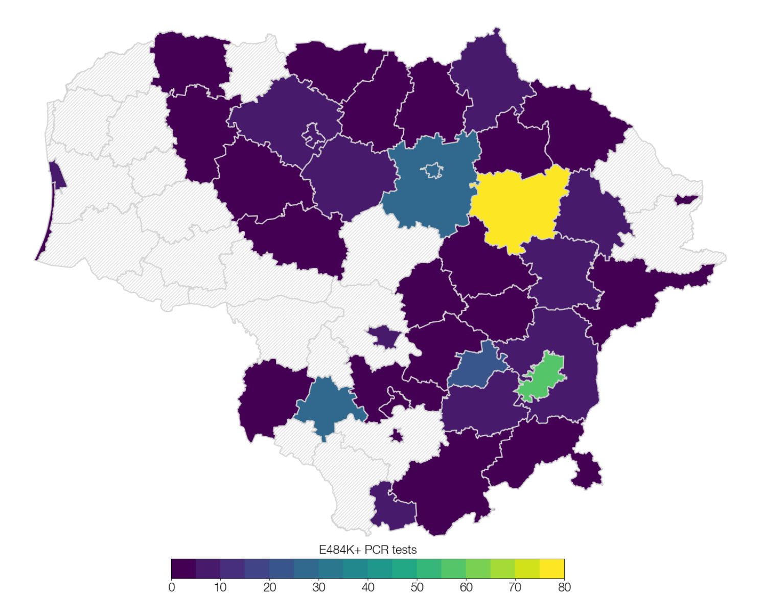 Teigiamų „Anykščių atmainos“ PGR testų išsidėstymas Lietuvoje 2021 m. gegužę. Tiriama E484K mutacija siejama su šia atmaina. ©Gytis Dudas