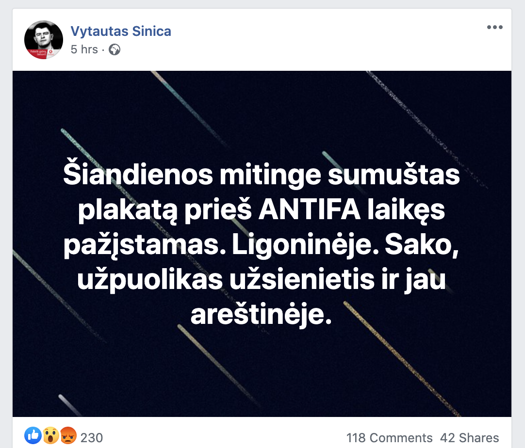 Seimo nario valstiečio Eugenijaus Jovaišos padėjėjas Vytautas Sinica feisbuke dalinasi informacija iš „Black Lives Matter“ eitynių Vilniuje, nors pats jose nedalyvavo. Šiame įraše yra trys melagingos žinios: užpuolimo nebuvo, užpuolimu apkaltintas vaikinas nėra užsienietis, o minimas žmogus į ligoninę buvo išvežtas ne dėl sumušimo, o dėl koronaviruso testo. Seimo nario valstiečio Eugenijaus Jovaišos padėjėjas Vytautas Sinica feisbuke dalinasi informacija iš „Black Lives Matter“ eitynių Vilniuje, nors pats jose nedalyvavo. Šiame įraše yra trys melagingos žinios: užpuolimo nebuvo, užpuolimu apkaltintas vaikinas nėra užsienietis, o minimas žmogus į ligoninę buvo išvežtas ne dėl sumušimo, o dėl koronaviruso testo.