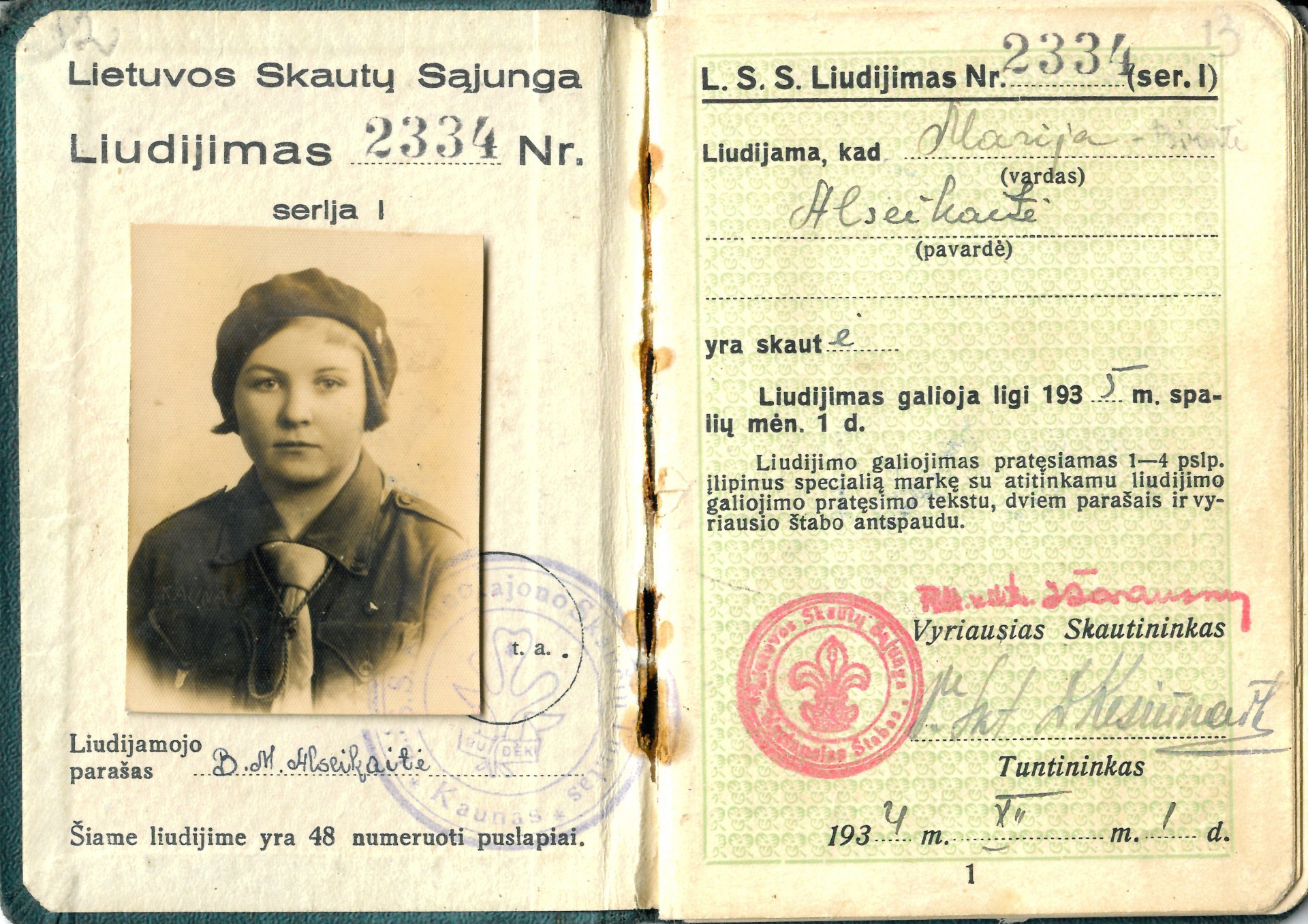 Marijos Birutės Alseikaitės Skautų sąjungos liudijimas, 1934 m.