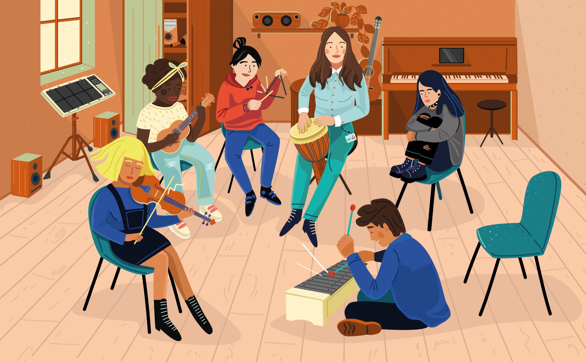 Grupinės muzikos terapijos metu gijimas vyksta per muzikavimą kartu. ©Justina Česnauskaitė